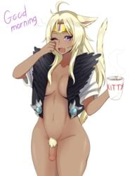 1futa animal_ears blonde_hair breasts cat_ears cat_tail catgirl clepovicka clothed clothing coffee dark-skinned_futanari dark_skin final_fantasy final_fantasy_xiv futa_only futa_sans_pussy futanari humanoid humanoid_penis intersex jewelry kemonomimi l'fah_morcant miqo'te mostly_nude original original_artwork original_character penis pubic_hair purple_eyes rubbing_eyes seeker_of_the_sun simple_background sleepy standing vest white_background yawn