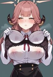 1girls ai_generated amber_eyes aru_(blue_archive) big_breasts blue_archive bra breasts female female_focus horns large_breasts long_hair nipples nipples_visible_through_clothing pink_hair taking_off_bra wet_shirt