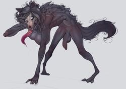 <3_eyes 1futa 2020 anthro back_tuft balls black_balls black_body black_fur black_hair black_penis breasts canid canine digitigrade flaccid foreskin fur futa_only futanari genitals gynomorph hair heart hi_res hunched_over intersex long_tongue mal0 malo mammal ozi-rz penis scp-1471 scp-1471-a scp_foundation simple_background skull_face solo tongue tongue_out tuft white_background