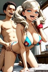 1girl1boy ai_generated ann_takamaki bed bedroom bedroom_sex big_breasts bikini blonde_hair blue_eyes cum cum_in_pussy cum_inside doggy_style doggy_style doggy_style faceless_male female hand_to_own_mouth huge_breasts indoors indoors_sex looking_at_viewer motion_lines omega_weirdo open_mouth patreon persona persona_5 sex smiling_at_viewer taken_from_behind tongue tongue_out twintails