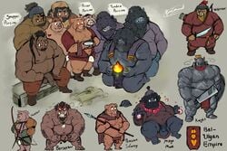 2021 3:2 anthro armor balls belly bottomwear bow_(weapon) brown_body bulge cape clothing domestic_pig english_text flaccid genitals group headgear helmet humanoid_genitalia humanoid_penis loincloth magic male male_only mammal melee_weapon moobs musclegut navel nipples overweight overweight_male penis pure_command ranged_weapon robe scar shield sitting suid suina sus_(pig) sword text weapon wild_boar