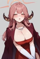 1girls ai_generated amber_eyes aru_(blue_archive) big_breasts blue_archive blush breasts dress female female_focus horns large_breasts long_hair nervous pink_hair