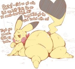 1girls anthro ass belly breasts brown_eyes chubby chubby_female english_text fat female female_focus female_only furry garuda_six hips large_ass laying_down looking_back nintendo pikachu pokemon pokemon_(species) presenting_ass presenting_hindquarters red_scarf scarf stomach text thick_thighs thighs wide_hips yellow_body yellow_fur