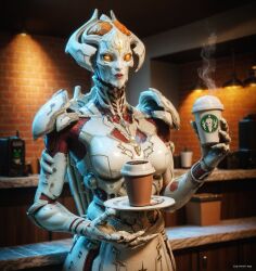 ai_generated alien civitai coffee coffee_cup doom female_only khan_maykr mature_female mommy older_female sexy waitress white_bodysuit