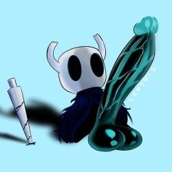 2024 2_horns artist_name balls big_penis black_body black_eyes blue_cloak blue_clothing blue_hair cloak clothing digital_media_(artwork) english_text genitals glans hair hi_res hollow_knight horn lewdwig male melee_weapon mouthless nail_(weapon) non-human non-human_only noseless penis shadow solo team_cherry text the_knight_(hollow_knight) toony vein veiny_penis vessel_(species) weapon white_head white_text