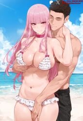 1boy ai_generated bangs bare_shoulders beach bikini blue_sky blunt_bangs blush breast_grab breasts brown_hair choker clavicle cleavage closed_mouth clothing cloud cowboy_shot day duxvector faceless faceless_male female female frilled_bikini frilled_swimsuit frills grabbing groping hololive hololive_english large_breasts long_hair looking_at_viewer male male_swimwear mole mole_on_breast mole_under_eye mori_calliope navel netorare ntr ocean outdoors pink_choker pink_eyes pink_hair red_eyes sky smile standing straight sweat swimsuit thighs topless_male virtual_youtuber water wet white_bikini white_swimsuit