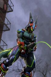 absurd_res android anthro armor as-06 balls barcode bent_legs big_penis blender_cycles blue_armor bodily_fluids charonfaustinus coolant drachetype erection genital_fluids genitals green_eyes green_urine hi_res huge_cock machine male peeing peeing_while_erect penis red_armor robot solo synth_(vader-san) synthetic_muscles synthetic_penis tail urine