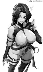 aelion_draws black_hair breasts female female_pubic_hair greyscale highres long_hair marvel marvel_rivals monochrome nipples parted_bangs psylocke pubic_hair pussy simple_background thighhighs thighs uncensored unfinished white_background