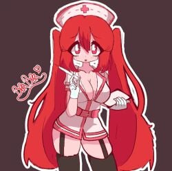 animator bonzomcbonbon breasts clothing gloves ketchup needle nurse official_art red_eyes red_hair youtuber