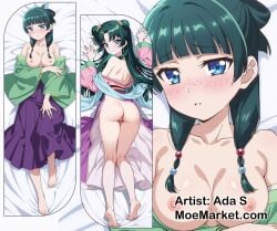 1girls barefoot blue_eyes dakimakura green_hair kusuriya_no_hitorigoto long_hair maomao_(kusuriya_no_hitorigoto) moemarket on_bed solo