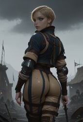 ai_generated ass back_view blonde_hair bloodredkittie blue_eyes bubble_butt cd_projekt_red clothing female light-skinned_female looking_at_viewer looking_back mascara short_hair solo solo_female the_witcher_(series) the_witcher_2 the_witcher_2:_assassins_of_kings the_witcher_3:_wild_hunt ves