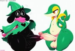 absurd_res ai_generated anthro balls big_balls big_butt big_penis black_body black_fur blush bovid caprine clothed clothing clothing_lift deltarune digital_media_(artwork) duo english_text erection eyewear foreskin fur generation_5_pokemon genitals girly glans glasses goat hat headgear headwear hellsonger hi_res huge_cock huge_hips huge_thighs humanoid_genitalia humanoid_penis long_penis male male/male mammal navel nintendo open_mouth penis penis_size_difference pink_glans ralsei retracted_foreskin rule_63 scarf simple_background small_but_hung smile snivy teapot_(body_type) text thick_penis thick_thighs undertale_(series) vein veiny_penis white_background wide_hips wizard_hat