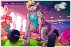 barbell blonde_hair blush bodily_fluids bottomwear ceiling_fan claws clothed clothing deadlift dumbbell ear electric_fan exercise expansion fan_(disambiguation) felid foxinuhhbox gloves grass growplug gym hair handwear jockstrap kangaroo light lingerie low_angle_veiw macropod male mammal markings marsupial muscular pantherine pink_clothing pink_gloves pink_handwear plant shirt shorts snow_leopard speech_bubble sunlight sweat tail tail_markings tank_top topwear transformation underwear weightlifting weights window workout