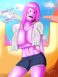 1girls adventure_time arm_under_breasts background big_boobs big_breasts bonnibel_bubblegum boobs breasts cartoon_network cleavage complaining digital_media_(artwork) exposed_midriff female female_focus female_only kandomryller open_shirt pink_body pink_hair pink_skin princess_bubblegum profanity shorts simple_background simple_shading sweat sweaty sweaty_clothes sweaty_clothing