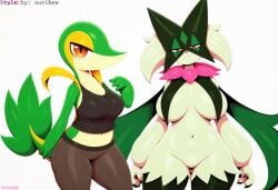 ai_generated anthro anthrofied big_breasts breasts clothed clothing digital_media_(artwork) duo female generation_5_pokemon generation_9_pokemon green_body hellsonger hi_res looking_at_viewer meowscarada navel nintendo pokemon pokemon_(species) pokemorph reptile scalie simple_background smile snivy text thick_thighs url white_background wide_hips