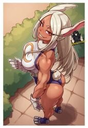 ai_generated bubble_butt bunny_ears bunny_girl clothed clothed_female clothing dark-skinned_female dark_skin day female friki8otaku from_above huge_ass long_hair looking_at_viewer mirko miruko muscular muscular_female my_hero_academia outdoors rabbit_ears rabbit_girl red_eyes rumi_usagiyama solo solo_female standing white_hair