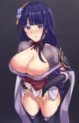 areola_slip areolae bangs bare_shoulders black_legwear bottomless braid braided_ponytail breasts censored cleavage detached_collar female genshin_impact hair_ornament heart heart_censor japanese_clothes kimono large_breasts long_hair long_sleeves looking_at_viewer mole mole_under_eye obi off_shoulder purple_eyes purple_hair purple_kimono raiden_shogun sarhce sash smile solo thighhighs thighs wide_sleeves