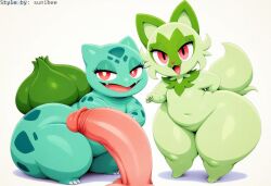 2022 absurd_res ai_generated anthro ass balls big_butt big_penis bulbasaur cute_fangs duo erection eyelashes female feral generation_1_pokemon generation_9_pokemon genitals green_body hellsonger hi_res huge_butt huge_cock huge_hips huge_thighs humanoid_genitalia humanoid_penis ivysaur looking_at_viewer male navel nintendo nude open_mouth overweight penis pokemon pokemon_(species) red_eyes short_stack simple_background slightly_chubby smile sprigatito teapot_(body_type) thick_thighs vein white_background wide_hips