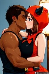 1girl1boy ai_generated big_breasts blue_eyes blush brainwashed brainwashing brown_hair dark_skinned_male embrace embracing embracing_another empty_eyes enemy_conversion female hooded_jacket horns human_characters_in_pokémon kissing kissing may_(pokemon) omega_weirdo patreon pokemon team_magma team_magma_grunt team_magma_grunt_(female)