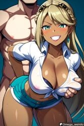 1girl1boy ai_generated big_breasts big_smile braided_hair brown_hair brown_skin corrupted corruption dark_skinned_female doggy_style doggy_style doggy_style earrings eiyuu_densetsu elaine_auclair evil_grin evil_smile female grabbing grabbing_breasts grabbing_from_behind green_eyes gyaru gyarufication gyarufied hotpants huge_breasts kuro_no_kiseki legend_of_heroes lipstick looking_at_viewer muscular_male omega_weirdo patreon sex smile smiling_at_viewer standing_doggy_style standing_sex sweat taken_from_behind