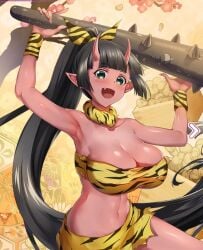 breasts kinu_(monster_musume) monster_musume_no_iru_nichijou oni_female red_body setsubun tiger_print