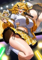 1girls ahoge blonde_hair cosplay dokibird indie_virtual_youtuber large_breasts neige_(pixiv6850453) panties upskirt_view vtuber winking_at_viewer