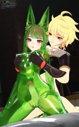 1boy 1girls 3d aether_(genshin_impact) anal_sex crossover grabbing_breasts hoshimi_miyabi qua sitting_on_penis slime slime_girl transparent_body zenless_zone_zero