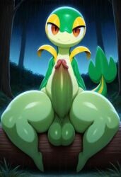 absurd_res ai_generated anthro balls big_balls big_penis biped detailed_background digital_media_(artwork) erection foreskin forest front_view generation_5_pokemon genitals glans green_body half-closed_eyes hellsonger hi_res humanoid_genitalia humanoid_penis long_penis looking_at_viewer male narrowed_eyes nintendo nude outside penis pink_glans plant pokemon pokemon_(species) presenting_penis pupils raining reptile scalie sitting slit_pupils smile snivy solo spread_legs spreading thick_penis thick_thighs tree wide_hips