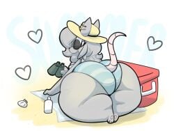 2018 4:3 anthro ass beach big_butt bottom_heavy clothing digital_media_(artwork) elisa_(maddeku) eyewear fancy_rat female female_anthro glasses hi_res huge_butt huge_hips huge_thighs hyper hyper_butt hyper_thighs looking_at_viewer maddeku mammal murid murine overweight overweight_anthro overweight_female rat rattiesteps rodent seaside solo swimwear thick_thighs underwear wide_hips