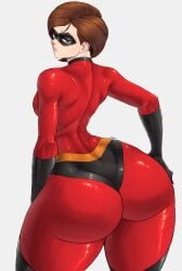 1girls ass ass_focus big_ass brown_eyes brown_hair bubble_ass bubble_butt disney elastigirl female_superhero helen_parr huge_ass latex limn044 looking_at_viewer looking_back pixar short_hair skin_tight superhero_costume superheroine the_incredibles tight_fit