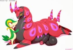 ai_generated arthropod balls duo erection feral generation_5_pokemon genitals hellsonger hi_res male myriapod nintendo open_mouth penis pokemon pokemon_(species) scolipede simple_background snivy text tongue white_background