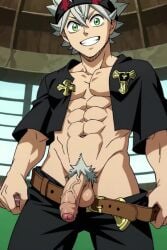 1boy abs ai_generated asta_(black_clover) bara belt black_capelet black_clover black_headband capelet flaccid foreskin green_eyes grey_hair grin headband looking_at_viewer luxeraora10 male_focus male_pubic_hair muscular muscular_male navel nipples pants pectorals penis pubic_hair smile solo tagme teeth testicles uncensored veins veiny_penis video