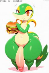 ai_generated anthro balls big_penis burger eating english_text eyelashes food generation_5_pokemon genitals green_body hellsonger hi_res holding_food huge_hips huge_thighs humanoid_genitalia humanoid_penis hyper looking_at_viewer male navel nintendo nude penis pokemon pokemon_(species) red_eyes reptile scalie simple_background slit_pupils snivy solo teapot_(body_type) text thick_thighs white_background wide_hips