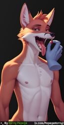 ai_generated anthro canid canine completely_nude digital_media_(artwork) digital_painting_(artwork) disembodied_hand fangs feeding food fox fruit furry furry_male furry_only horny_pepega looking_at_viewer male male_focus mammal navel nipples open_mouth plant simple_background slim solo solo_focus strawberry tongue tongue_out whisker_spots