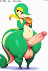 absurd_res ai_generated anthro anthrofied balls big_balls big_butt big_penis burger eating english_text erection food generation_5_pokemon genitals girly hellsonger hi_res holding_food huge_balls huge_cock huge_thighs humanoid_genitalia humanoid_penis hyper male navel nintendo nude penis pokemon pokemon_(species) red_eyes reptile sandwich_(food) scalie simple_background snivy solo teapot_(body_type) text thick_thighs vein veiny_penis white_background wide_hips