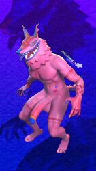 2024 absurd_res alebrije andy_fangerson anthro artist_name balls big_penis blowup_background canid canine canis dollymolly323 epic_games feet fortnite fur genitals hi_res humanoid_feet long_penis looking_at_viewer male mammal navel nude open_mouth pecs penis pink_body pink_fur plantigrade signature simple_background solo teeth tongue tongue_out twitter_handle wolf