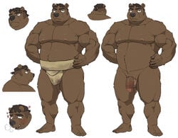 2021 anthro asian_clothing balls blush brown_body censored clothing east_asian_clothing flaccid genitals heart hi_res humanoid_genitalia humanoid_hands humanoid_penis japanese_clothing kemono male mammal mawashi model_sheet moobs multiple_poses nipples osansyoup overweight overweight_male penis pose simple_background solo sumo ursid white_background