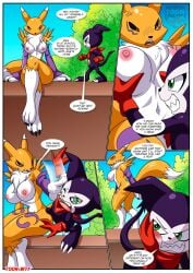 1boy 1girls anthro bbmbbf breast_grab breasts comic digihentai digimon digimon_(species) female furry impmon impmon's_payback_(comic) male navel nipples palcomix renamon toon.wtf