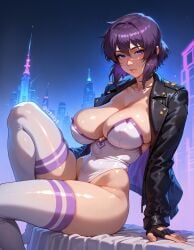 ai_generated cleavage fr34ky ghost_in_the_shell huge_breasts jacket kusanagi_motoko leotard