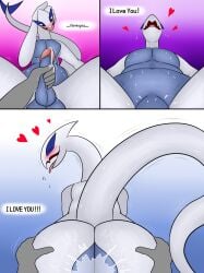 anthro blush bodily_fluids breath comic cum cum_in_ass cum_inside dialogue duo faceless_character faceless_male first_person_view generation_2_pokemon genital_fluids genitals gradient_background handjob happy happy_sex heart_symbol hi_res human interspecies legendary_pokemon lugia male male/male mammal motion_lines nintendo panting penile penis pokemon pokemon_(species) pokephilia raised_tail rear_view receiving_pov rorrek saliva sex simple_background speech_bubble sweat tail tongue tongue_out