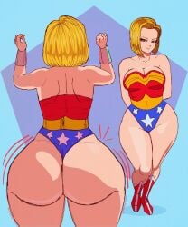 1girls android_18 ass big_ass big_butt blonde_hair blonde_hair_female cheesecake98013 costume_switch dc dc_comics dragon_ball large_ass large_butt light-skinned_female light_skin looking_at_viewer smile smiling smiling_at_viewer wonder_woman_(cosplay)