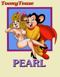 1girls blonde_hair cape carrying couple curly_hair erect_nipples female large_breasts mighty_mouse mighty_mouse_(character) mouse open_mouth pearl_pureheart terrytoons toonytease viacom