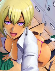 1girls ass big_ass big_breasts big_butt breasts eye_contact female gyaru hajimete_no_gal looking_at_viewer purple_eyes ranko_honjou selfie short_hair skirt skirt_removed thong wazu-san