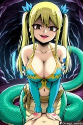 1girl1boy ai_generated big_breasts blonde_female blonde_hair brown_eyes corrupted corruption earrings evil_eyes fairy_tail female gesugao huge_breasts lamia lucy_heartfilia monster monster_girl omega_weirdo patreon pov ribbon slit_pupils snake_girl tattoo twintails