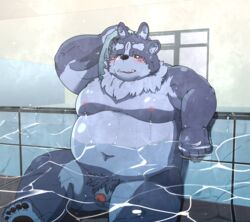 2021 absurd_res anthro balls bathing belly black_nose blush censored detailed_background flaccid genitals hamagiato hi_res humanoid_genitalia humanoid_hands humanoid_penis inside kemono lifewonders male moobs navel nipples overweight overweight_male penis pubes sitting solo tokyo_afterschool_summoners towel tsathoggua video_games water