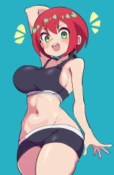 1girls absurdres amate_yuzuriha aqua_background black_bra black_panties blush bra breasts buzzlyears cowboy_shot green_eyes gundam gundam_gquuuuuux highres large_breasts panties red_eyes short_hair simple_background solo underwear