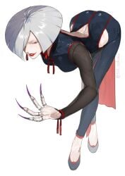 a.k.i. bending_forward bending_over bent_over big_ass bob_cut chinese_clothes flats grey_hair long_nails looking_at_viewer red_eyes slim_waist sss_ookoku street_fighter_6 thick_ass thick_thighs white_hair wide_hips yandere