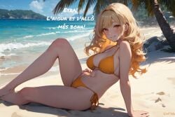 1girls ai_generated beach bikini blonde_hair catalan_text dialogue female flan_(flanofart) flanofart orange_bikini orange_eyes solo solo_female tagme