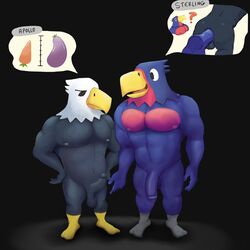 1:1 2021 absurd_res accipitrid accipitriform animal_crossing anthro apollo_(animal_crossing) avian bald_eagle balls beak bird black_balls black_glans black_penis blue_balls blue_glans blue_penis circumcised comparing comparing_penis digital_media_(artwork) duo eagle erection feathers gay genitals glans half-erect hi_res humanoid_genitalia humanoid_penis male male/male male_only muscular muscular_male nintendo nipples penis penis_size_difference prim0rdia sea_eagle shaded simple_background source_request sterling_(animal_crossing) text video_games