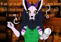 anthro apron apron_only beverage bodily_fluids breasts clothing coffee female green_apron hi_res i_mean_breast_milk iced_latte_with_breast_milk meme milk mostly_nude skulldog solo starbucks tocata tocatao